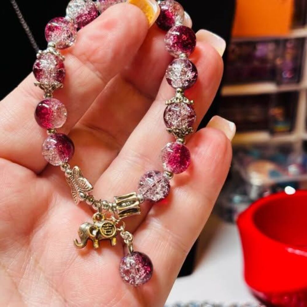 Pink & Magenta Crackle Glass Bead Charm Bracelet – Elephant & Butterfly